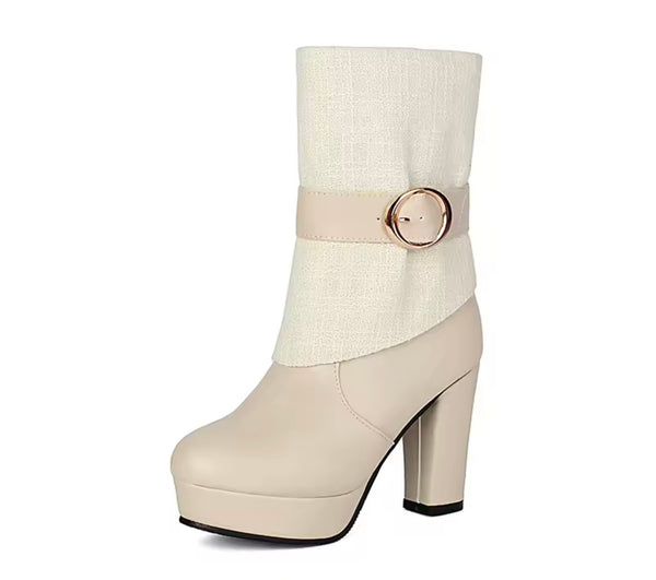Women Color Round Toe Buckled Fashion High Heel Ankle Boots