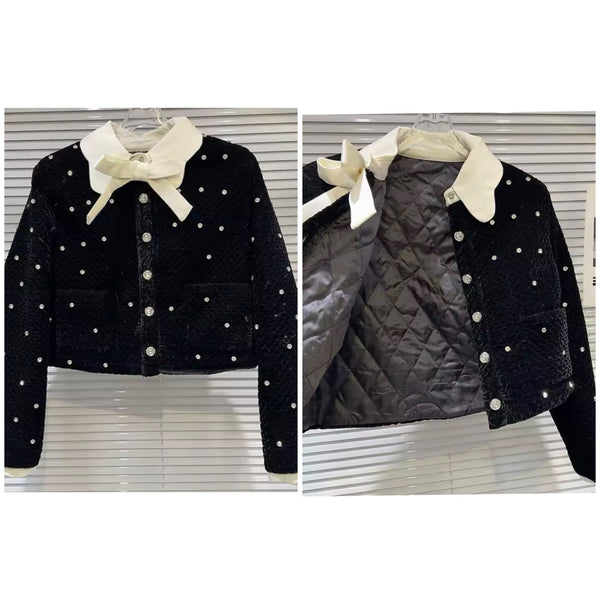 Women Fashion B&W Rhinestone Button Up Bow Velour Jacket