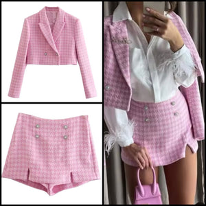 Women Sexy Pink Tweed Bling Button Blazer Two Piece Short Set