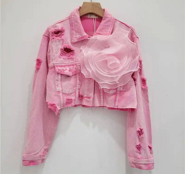 Women Fashion Ripped Floral Denim Jacket