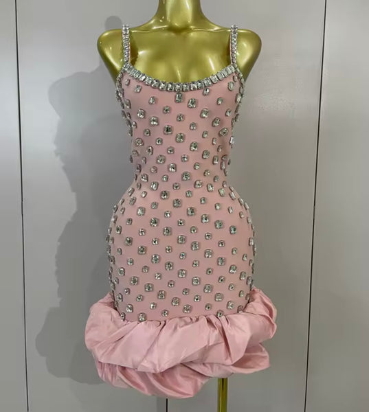 Women Sexy Sleeveless Ruffled Rhinestone Bandage Dress