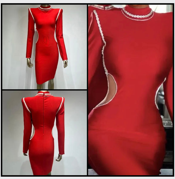 Women Sexy Red Full Sleeve Cut Out Color Stitching Dress