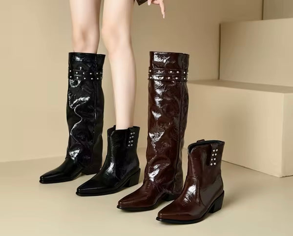 Women Fashion Patent Leather Buckled Detachable Knee High Boots