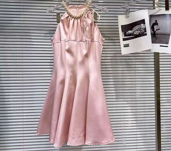Women Rhinestone Sleeveless Satin Sexy Dress