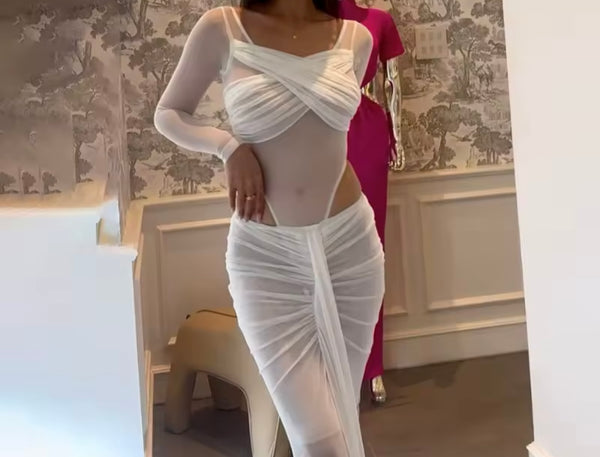 Women Sexy Solid Color Mesh Full Sleeve Bodysuit Two Piece Maxi Skirt Set