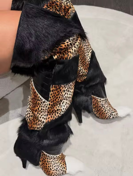 Women Over The Knee Fur Patchwork High Heel Boots
