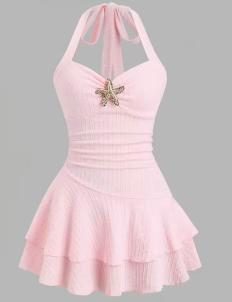 Women Sexy Halter Sleeveless Starfish Ruffle Dress