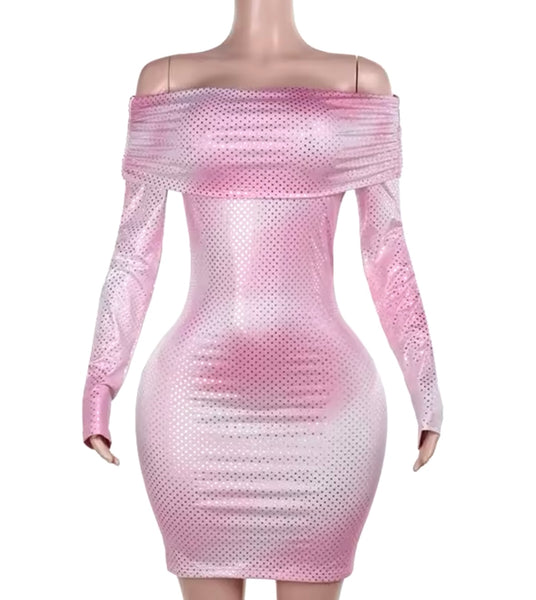 Women Sexy Off The Shoulder Pink Bling Gradient Dress