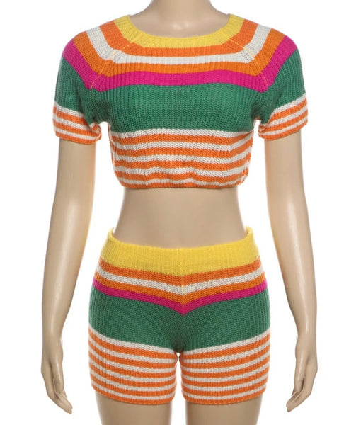 Women Sexy Fashion Short Sleeve Multicolored Striped Two Piece Short Set