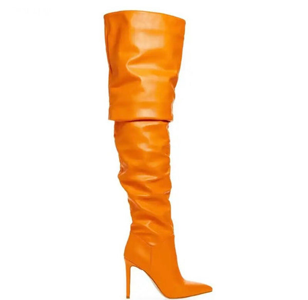 Women Faux Leather Ruched Over The Knee Fashion High Heel Boots