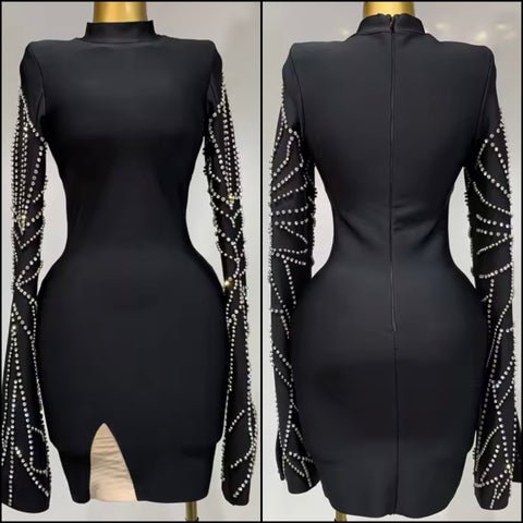 Women Sexy Black Rhinestone Full Sleeve Dress