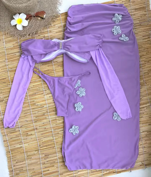Women Sexy Off The Shoulder Full Sleeve Floral Purple Bikini Cover Up Set