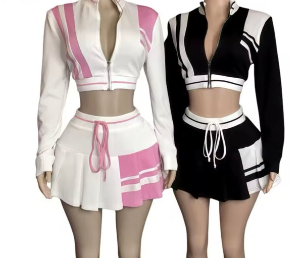 Women Zip Up Full Sleeve Color Patchwork Two Piece Pleated Skirt Set