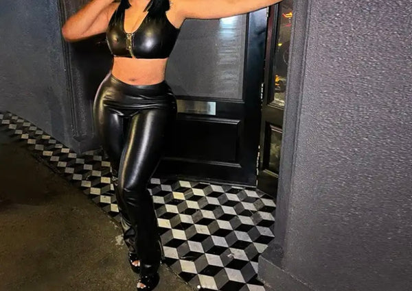 Women Black Sexy PU Sleeveless Two Piece Pant Set