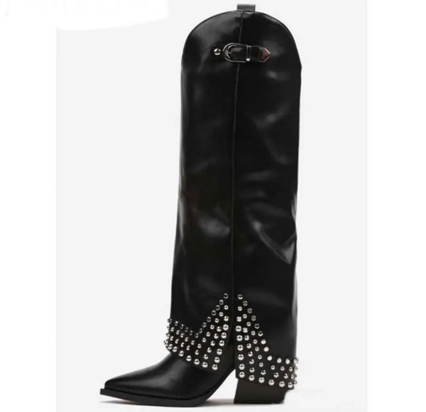 Women Fashion Rivet Suede/Faux Leather Knee High Boots