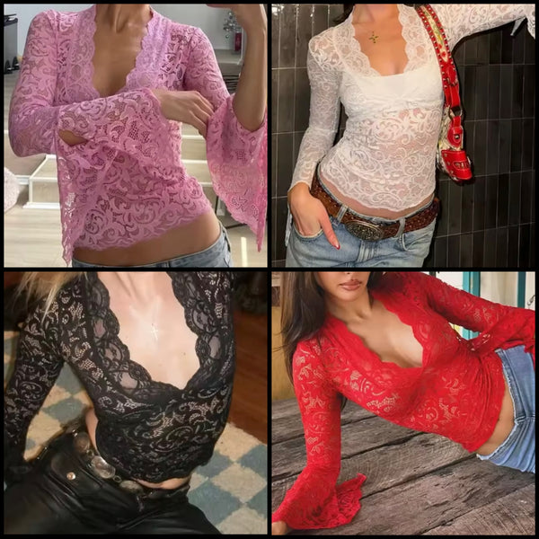 Women Color Lace V-Neck Full Sleeve Crop Top