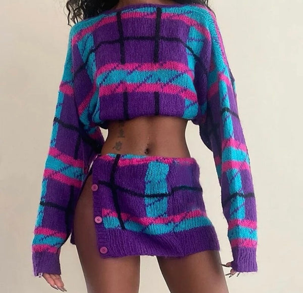 Women Multicolored Full Sleeve Two Piece Knitted Skirt Set