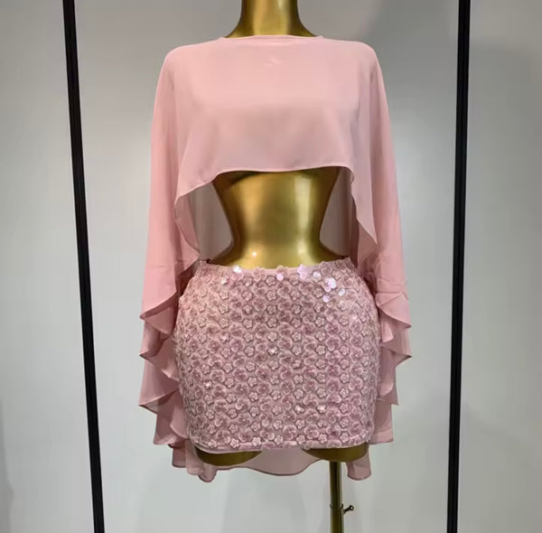 Women Sexy Mesh Crop Two Piece Sequins Skirt Set