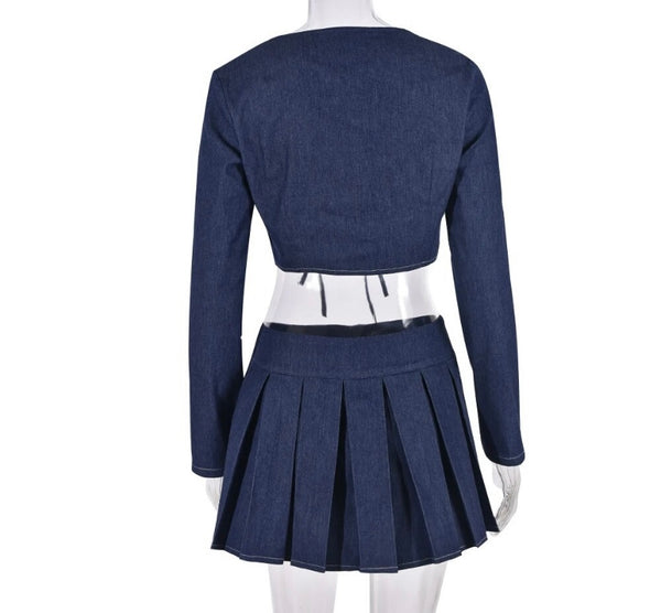 Women Sexy Fashion Denim Full Sleeve Pleated Two Piece Skirt Set