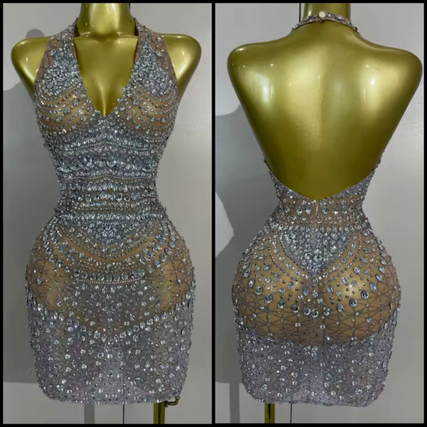 Women Silver Halter Sleeveless Open Back Rhinestone Sexy Dress