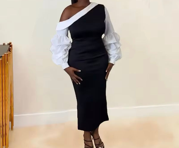 Women B&W Full Sleeve Sexy Maxi Dress