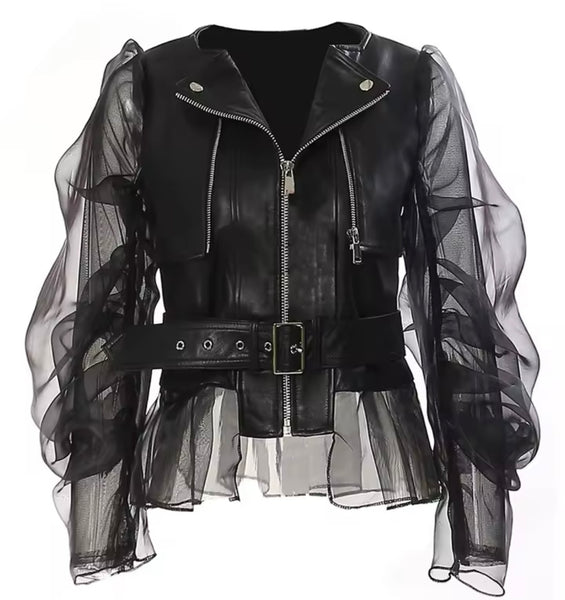 Women Fashion Black Mesh Faux Leather Buckled Jacket