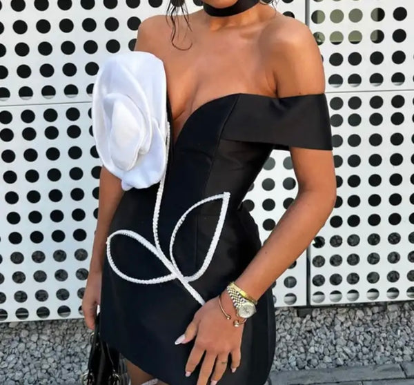 Women Sexy Black Off The Shoulder 3D Floral Print Dress