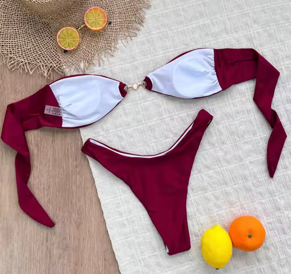 Women Burgundy Sexy Strapless Bikini Swimsuit
