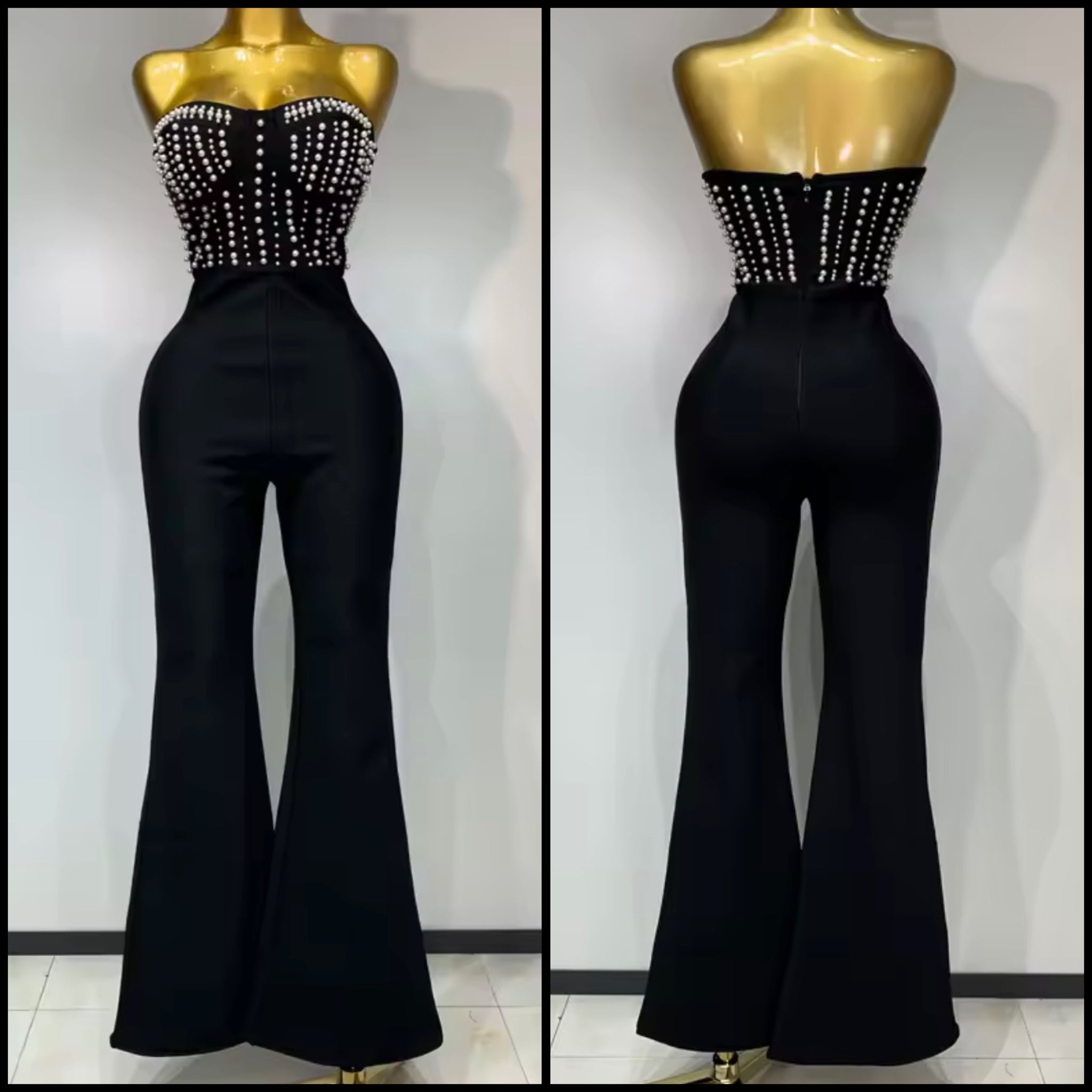 Women Sexy Strapless Black Beaded Patchwork Jumpsuit