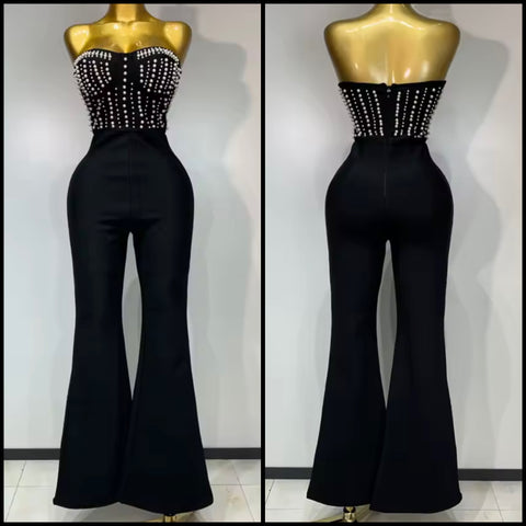 Women Sexy Strapless Black Beaded Patchwork Jumpsuit