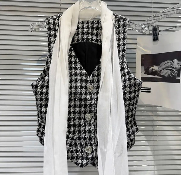 Women Button Up Scarf Sleeveless Vest Two Piece B&W Pant Set