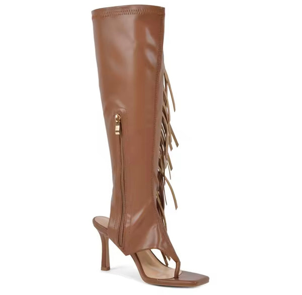 Women Fashion Open Toe Fringe Tassel Knee High Boots