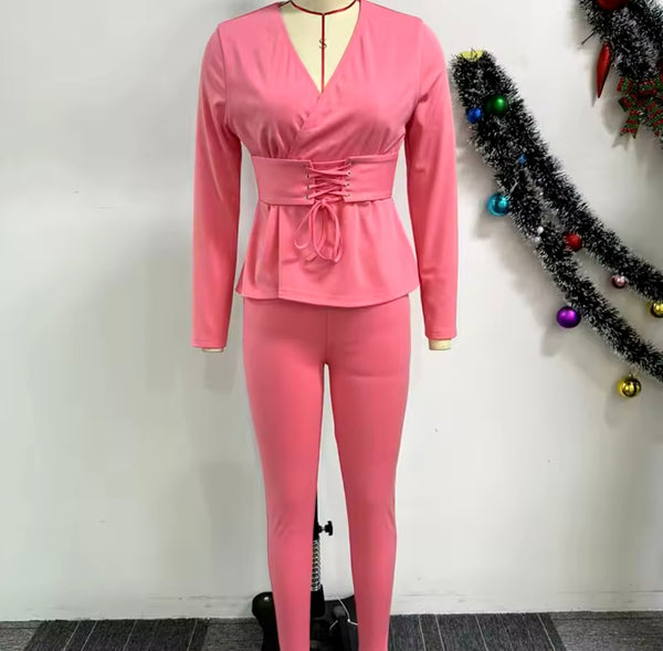 Women Solid Color Tie Up Full Sleeve Two Piece Pant Set