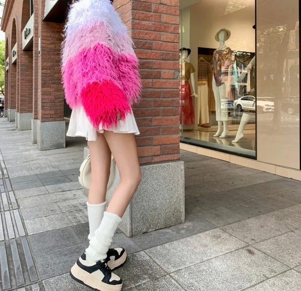 Women Fashion Pink Gradient Faux Fur Jacket