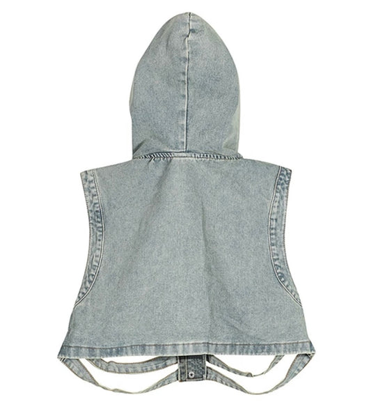 Women Sleeveless Hooded Ripped Fashion Denim Vest Top