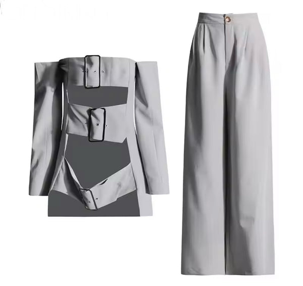 Women Gray Pinstriped Off The Shoulder Buckled Two Piece Pant Set