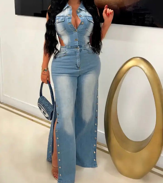 Women Sleeveless Button Fashion Denim Jumpsuit