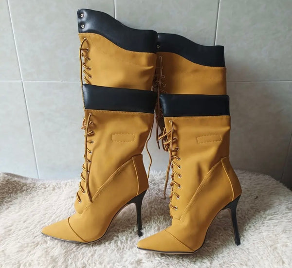 Women Pointed Toe Lace Up Knee High Fashion Boots