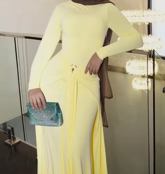 Women Sexy Solid Color Tassel Full Sleeve Maxi Dress