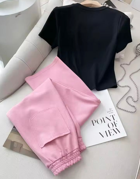 Women Fashion Letter Print Short Sleeve Two Piece Pant Set