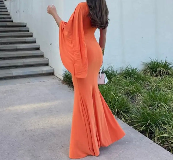 Women Sexy Orange One Shoulder Full Sleeve Maxi Dress
