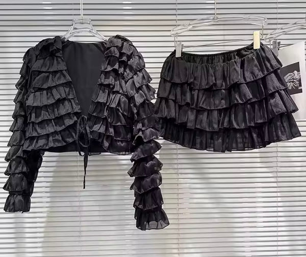 Women Sexy Ruffled Full Sleeve Two Piece Skirt Set