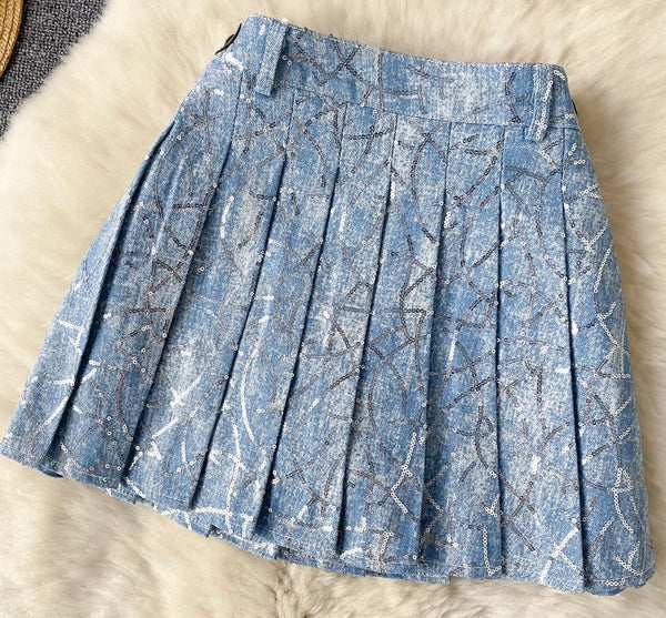 Women Sexy Strapless Sequins Patchwork Denim Two Piece Skirt Set