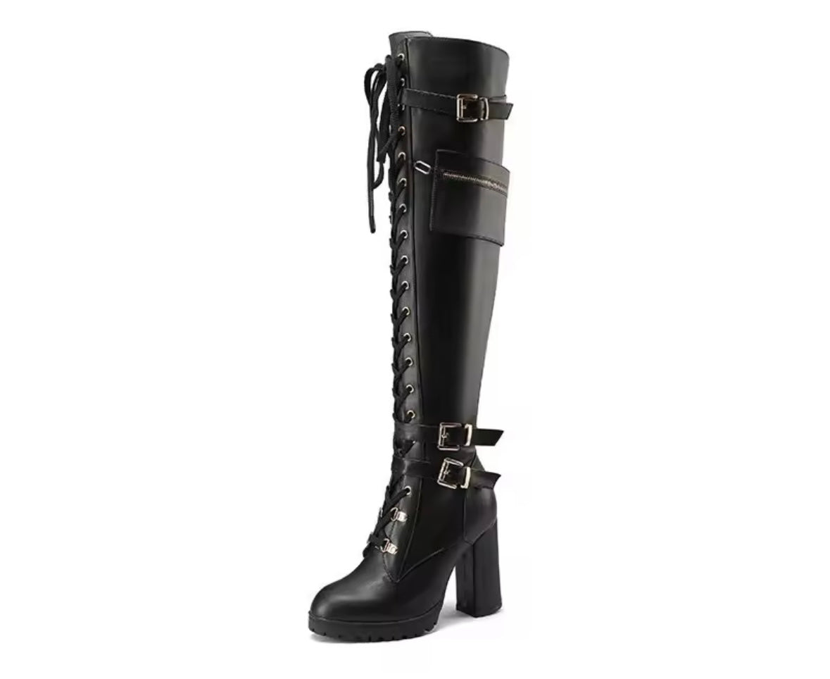 Women Fashion Pocket Buckled Lace Up Platform Knee High Boots