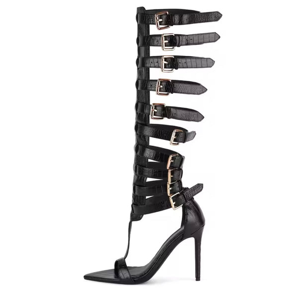Women Fashion Black Open Toe Buckled Knee High Sandals