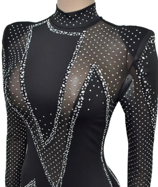 Women Sexy Black Bling Mesh Patchwork Full Sleeve Jumpsuit