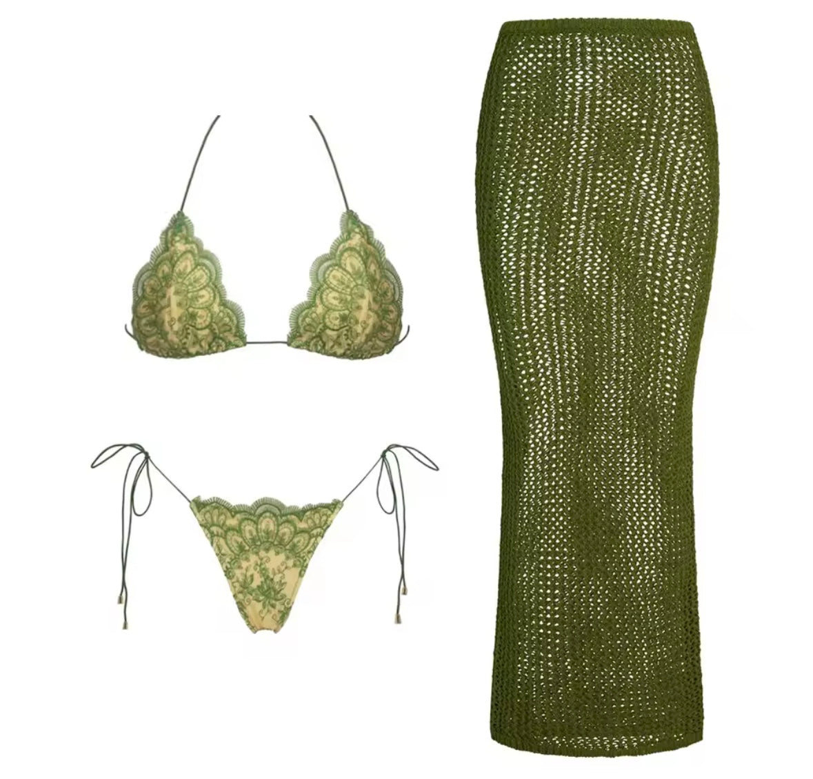 Women Sexy Green Printed Tie Up Bikini Cover Up Set