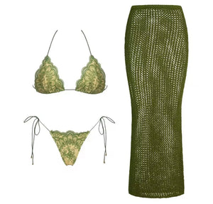 Women Sexy Green Printed Tie Up Bikini Cover Up Set