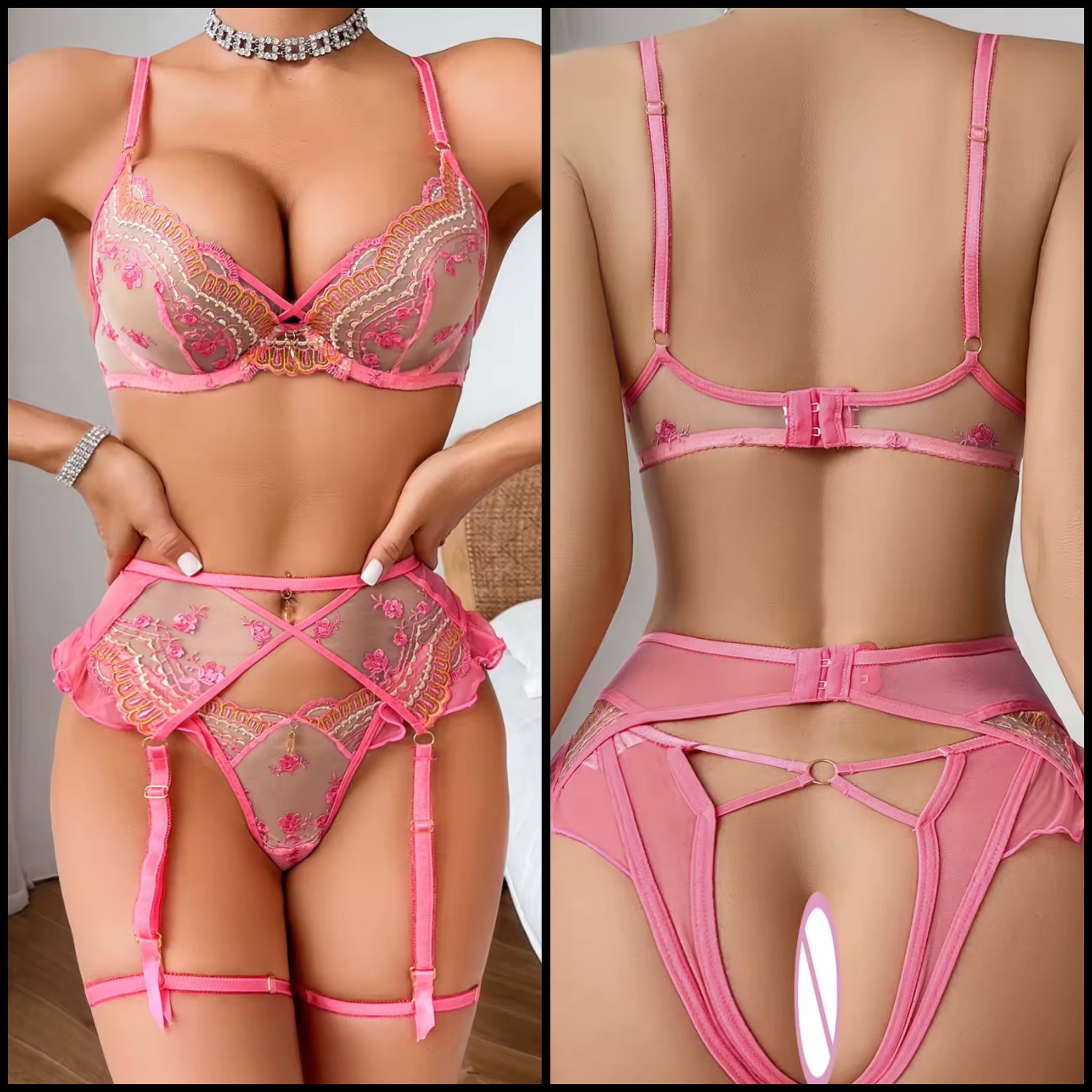 Women Sexy Pink Embroidery Mesh Lingerie Set