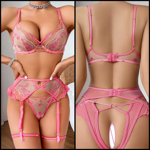 Women Sexy Pink Embroidery Mesh Lingerie Set